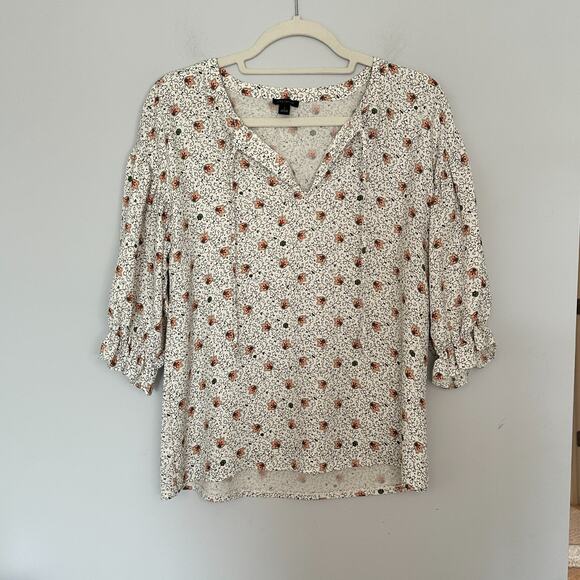 Ann Taylor Tops - Ann Taylor Paisley Mixed Media Tie Neck Blouse Size Small Floral Ruffle Sleeve